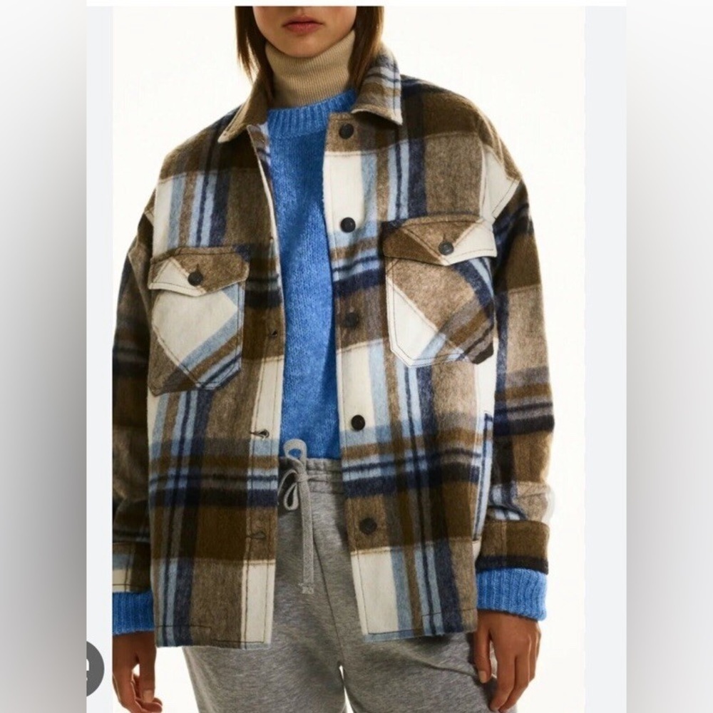 ZARA Wool Plaid Button Front Overshirt Jacket Cream Blue Brown Small